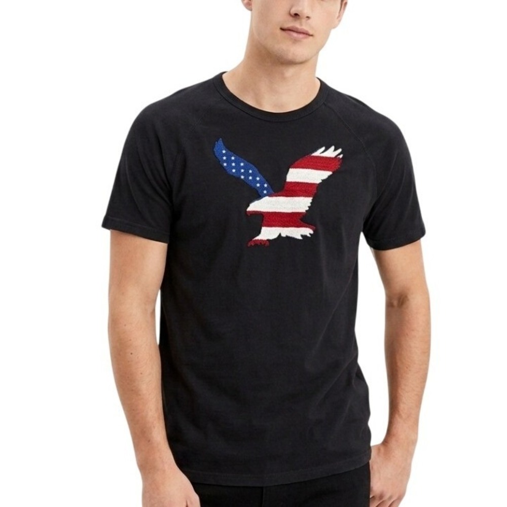 American Eagle T-Shirt Mens Small Black Patriotic USA Flag Eagle‎ Raglan S 2862